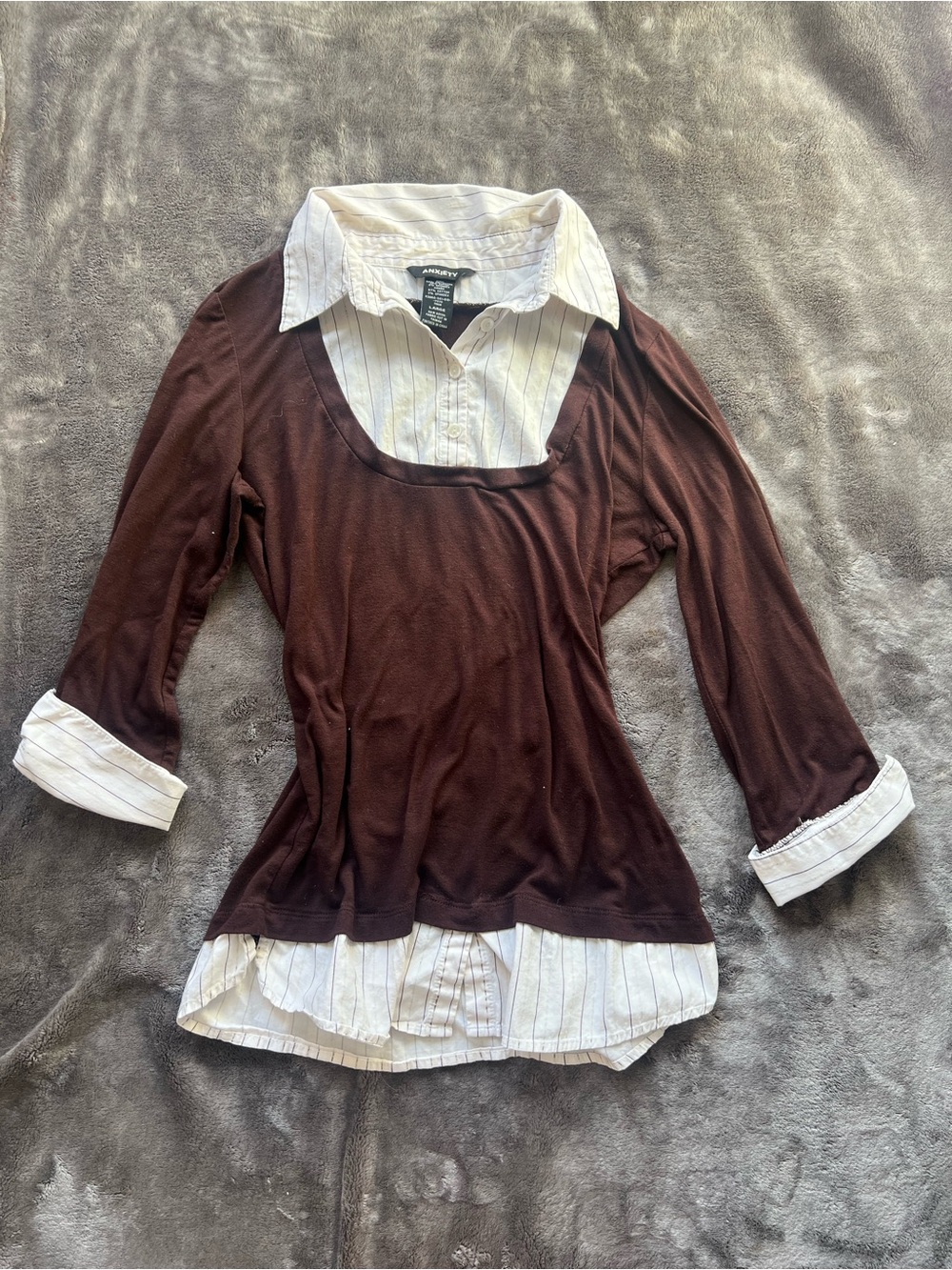 Layered Brown Knit Tunic with White Shirt Details